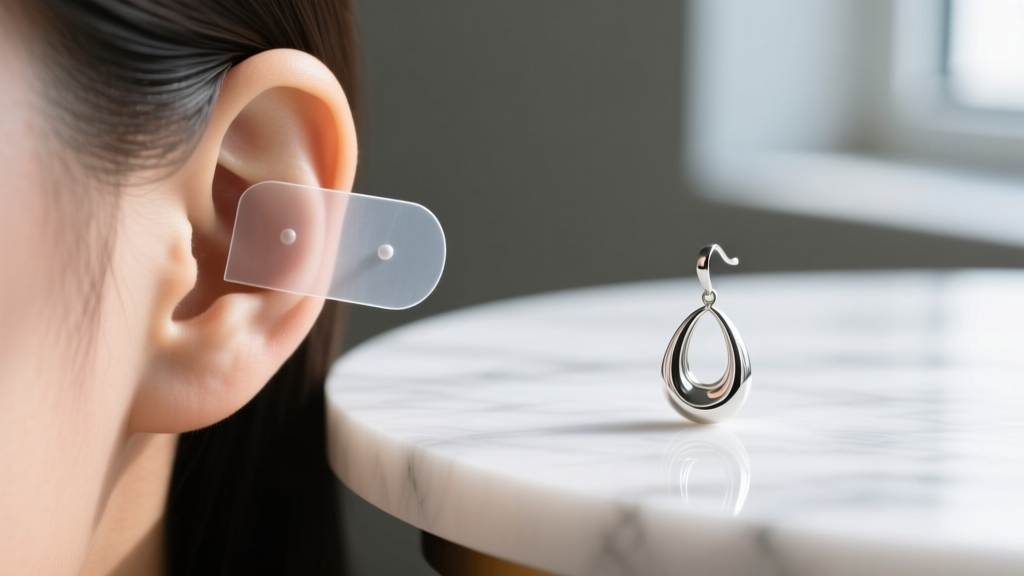 Clear adhesive earring support patch applied to an earlobe, with a heavy silver drop earring resting beside it on a marble table.