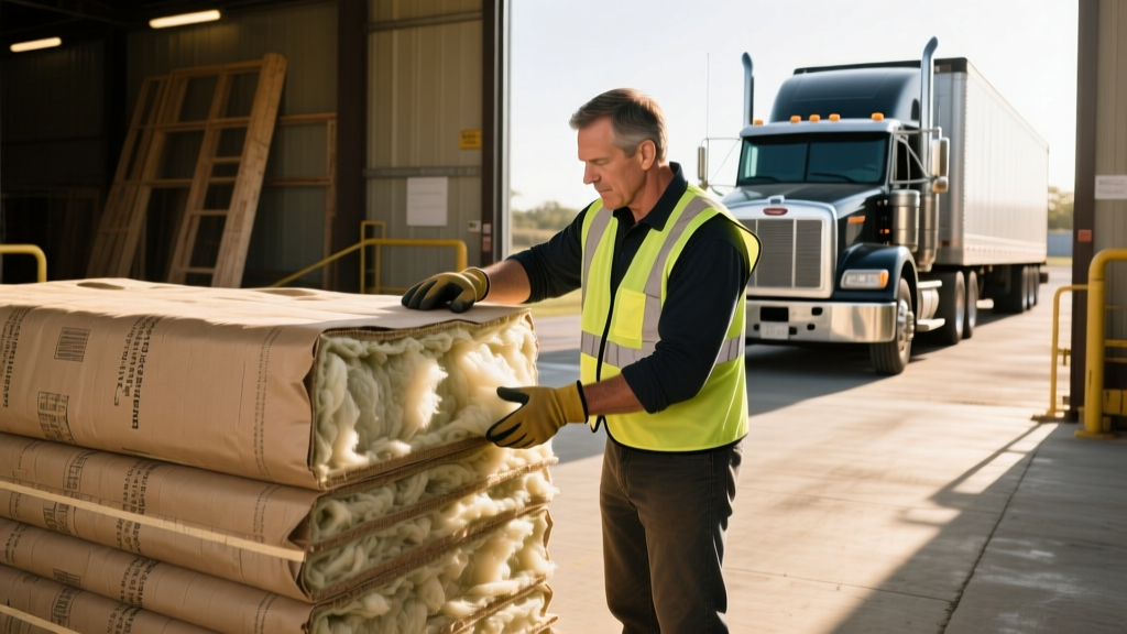Contractor inspecting kraft-faced fiberglass batts at a lumberyard loading dock before transport to a residential framing site