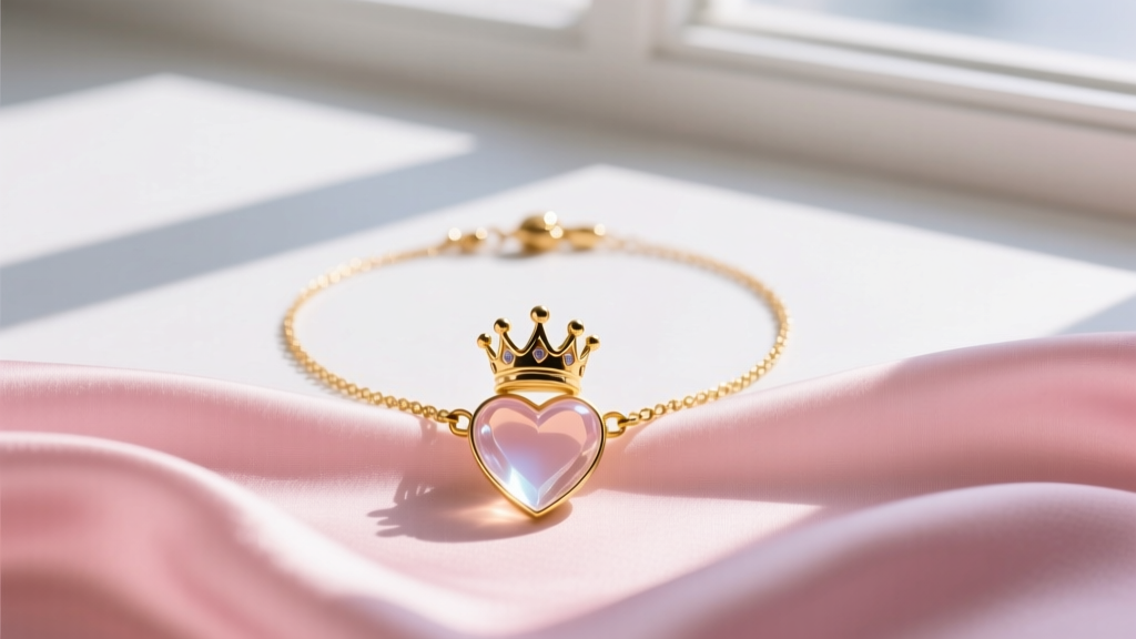 Flat lay of a vintage Y2K gold-tone charm necklace with a crown and jelly-resin heart pendant resting on pink silk fabric