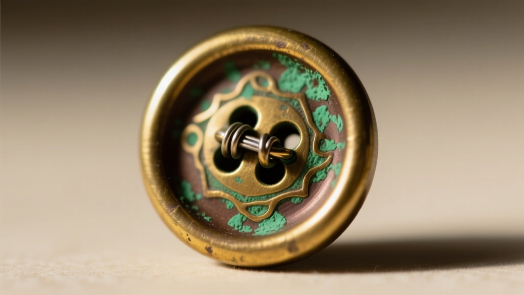 Macro shot of a vintage brass button back showing the soldered wire shank loop and early signs of green verdigris oxidation on the metal.