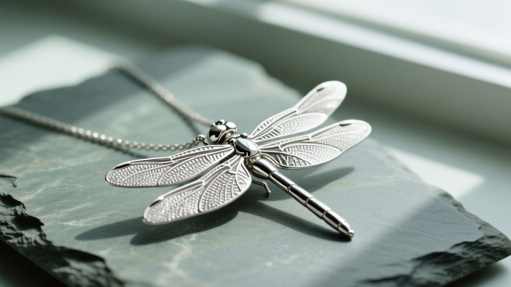 Macro shot of a sterling silver dragonfly necklace on slate, highlighting cast wing veins and a highly polished body