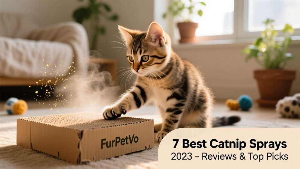Kitten gently pawing at a cardboard scratcher sprayed with FurPetVo Organic Mist
