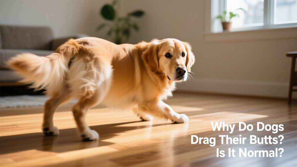 Close-up of a dog gently scooting its rear across a clean hardwood floor