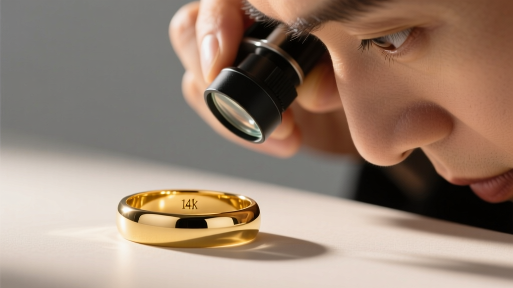 Jeweler using a 10x loupe to inspect a tiny 14k hallmark stamped inside a polished yellow gold wedding band under bright light