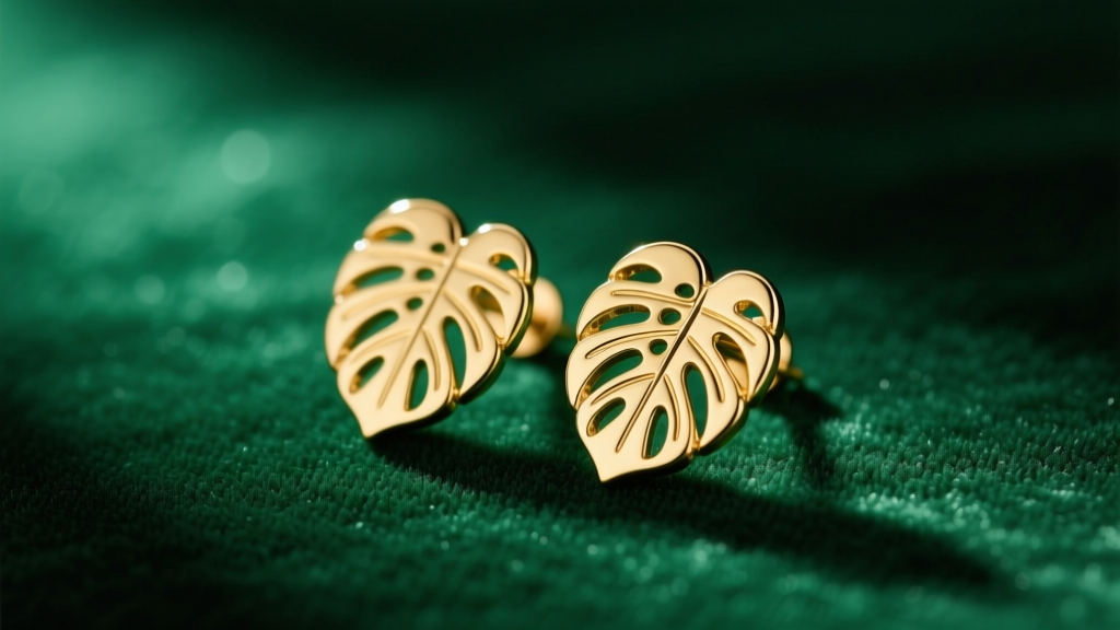 14k gold monstera stud earrings on green velvet, showing detailed leaf cutouts and polished edges under soft studio lighting.