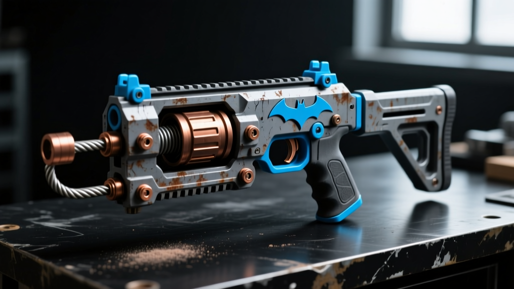 Close-up of a highly detailed 3D printed and weathered Batman Arkham Knight grapnel gun replica resting on a dark workbench.