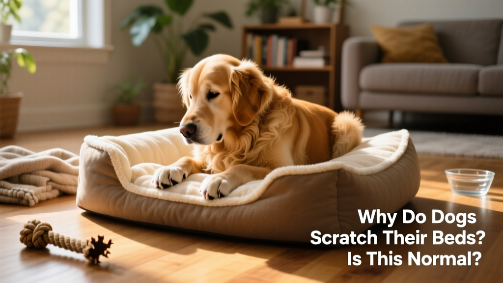 A dog gently pawing at a soft, cozy dog bed before settling down