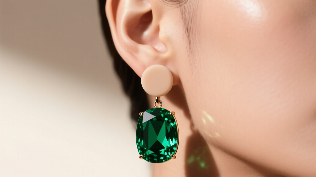 Close-up of earlobe wearing heavy emerald drop earring secured with a silicone ear support patch and jumbo friction backing