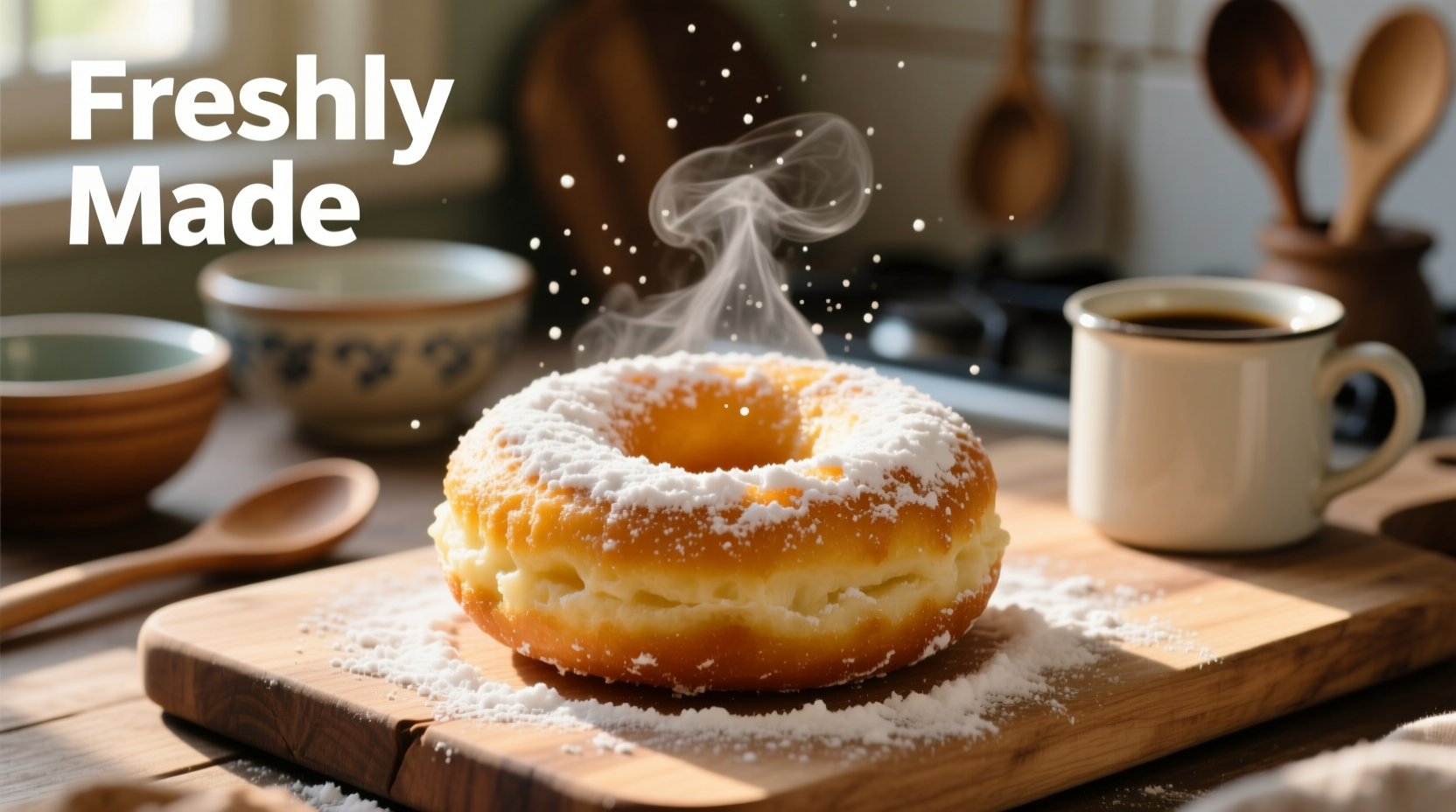 Freshly made potato donuts with powdered sugar