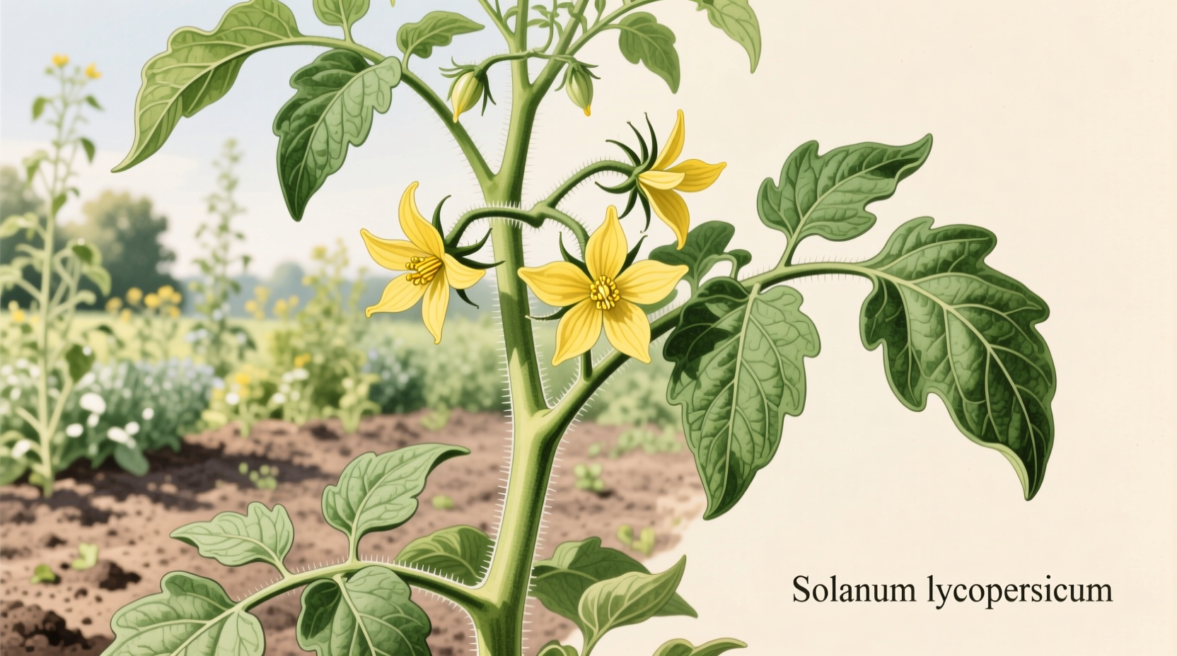 Healthy tomato plant with yellow flowers