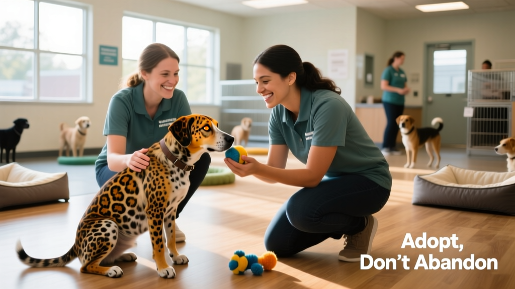 Two friendly volunteers gently interacting with a Catahoula Leopard Dog in a bright, clean shelter play area