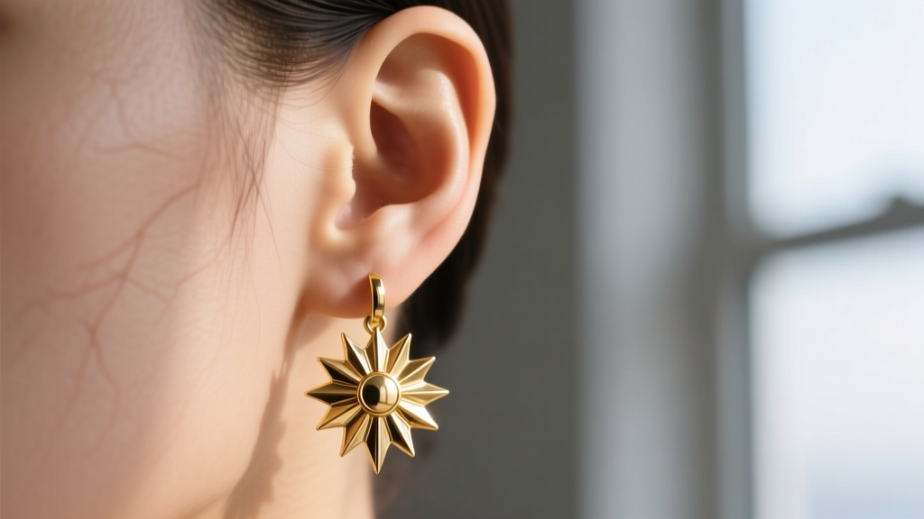 Close-up of an ear wearing a heavy 14k gold sunburst dangle earring, showing the piece pulling slightly forward on the earlobe.