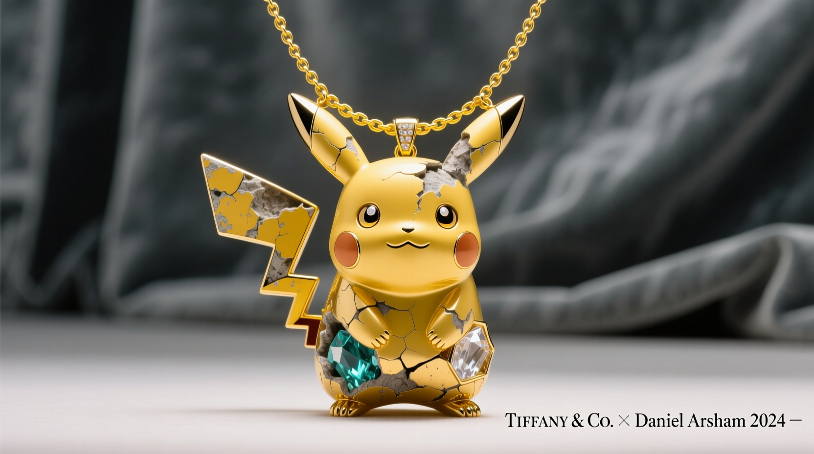 contemporary artist daniel arsham holding tiffany arsham studio pokemon large pikachu pendant in yellow gold with diamonds with its nabuka poke ball packaging