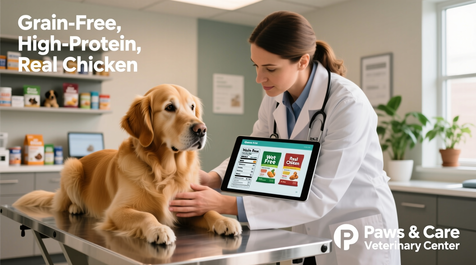 Veterinarian examining dog while reviewing wet food options