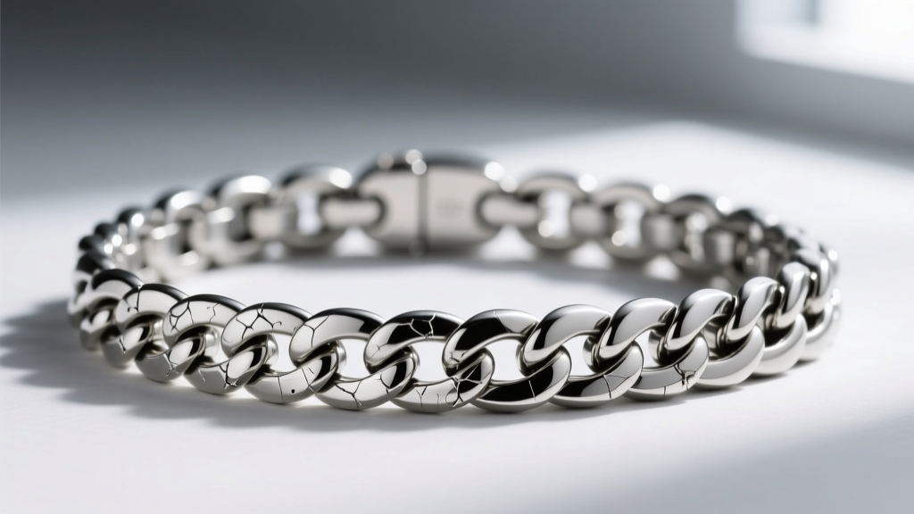 Macro photography of a scratched platinum Cuban link necklace next to a pristine Grade 5 titanium chain, highlighting metal wear.