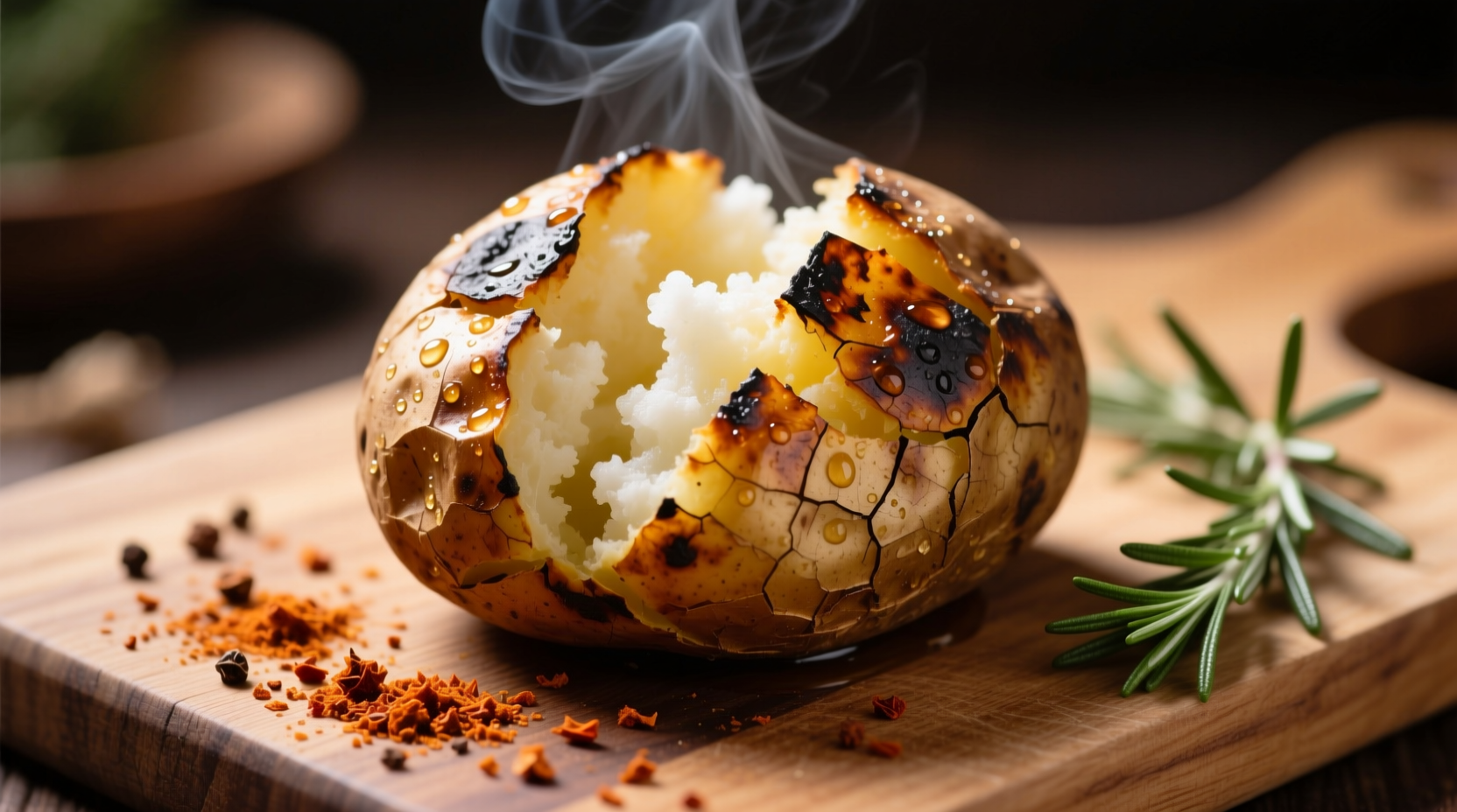 Smoked baked potato with crispy skin and fluffy interior