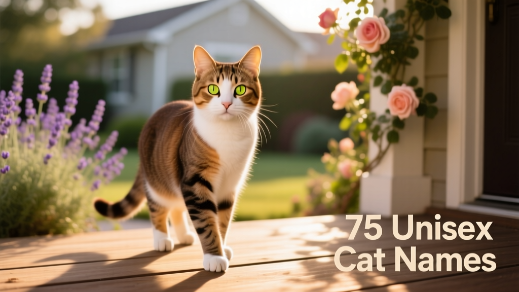Brown, tan, and white cat with yellow-green eyes standing outside