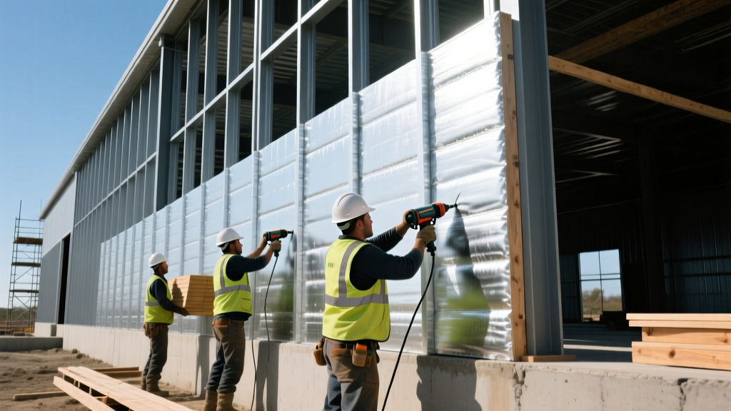 Commercial construction workers installing large silver-backed polyiso rigid foam boards on a steel-framed warehouse exterior wall