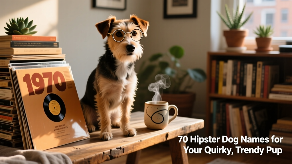 A stylish terrier mix wearing round glasses and sitting beside a stack of vinyl records and a ceramic mug