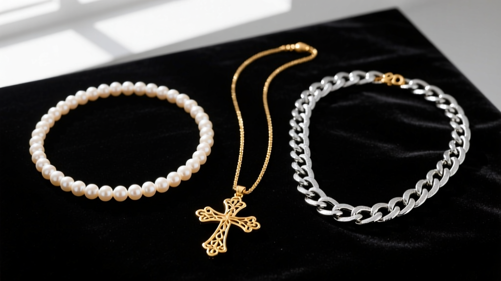 Overhead shot of three necklaces on black velvet: a 16-inch pearl choker, a 20-inch gold cross, and a 24-inch heavy silver chain.