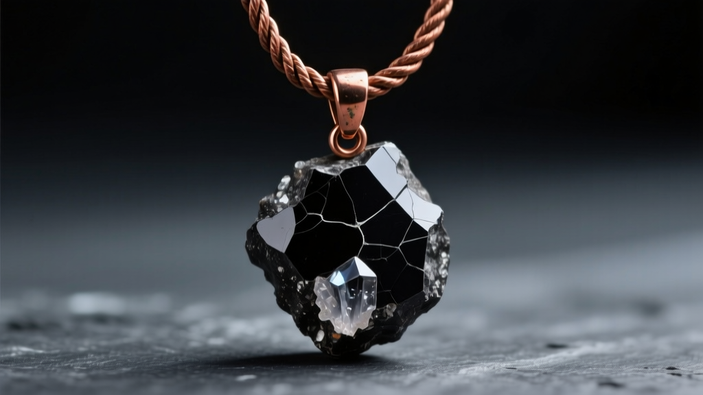 Macro photography of a raw Type 1 elite shungite pendant hanging from a heavy copper rope chain against a dark slate background