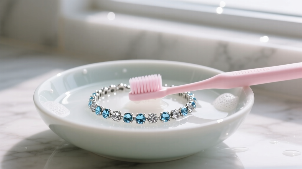 Soft-bristled baby toothbrush gently scrubbing a silver-tone pave rhinestone charm bracelet in a shallow bowl of mild soapy water.