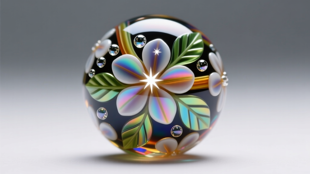 Macro shot of a Millefiori Murano glass bead showing intricate floral mosaic canes and tiny air bubbles under bright studio light.