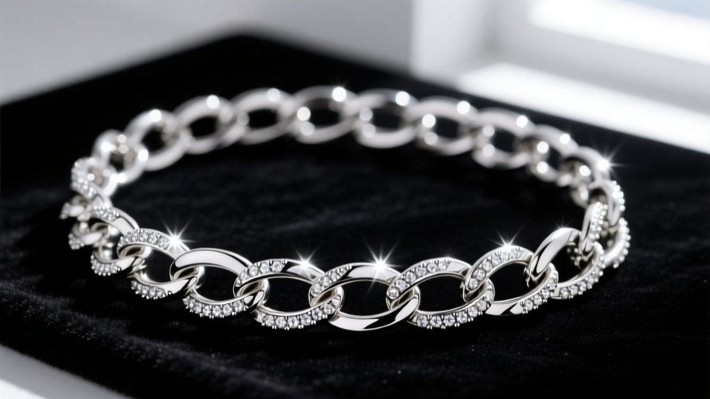 Macro shot of flattened S-shaped sterling silver links with diamond-cut beaded edges catching bright light on a dark velvet pad