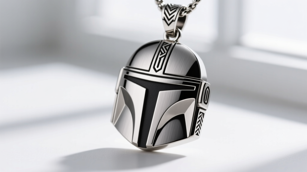 Macro shot of a 316L stainless steel Mandalorian crest pendant showing brushed finishing and precise laser-engraved edge details