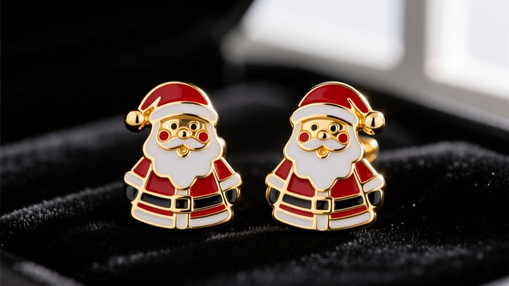 Close-up of 14k solid gold Santa Claus stud earrings with vibrant red and white vitreous enamel on a dark velvet holiday backdrop.
