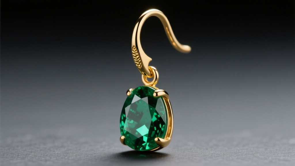 Macro of a 20-gauge 14k gold french hook earring with a raw emerald drop on dark slate under warm studio lighting setup