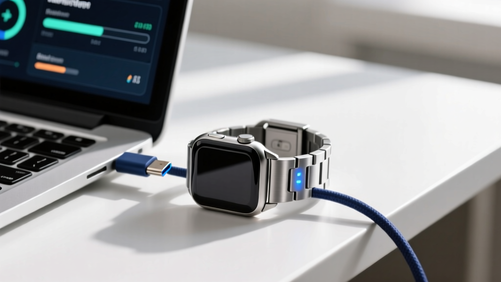 Rugged titanium smartwatch band connected to a laptop via diagnostic USB-C cable, highlighting hardware sync troubleshooting