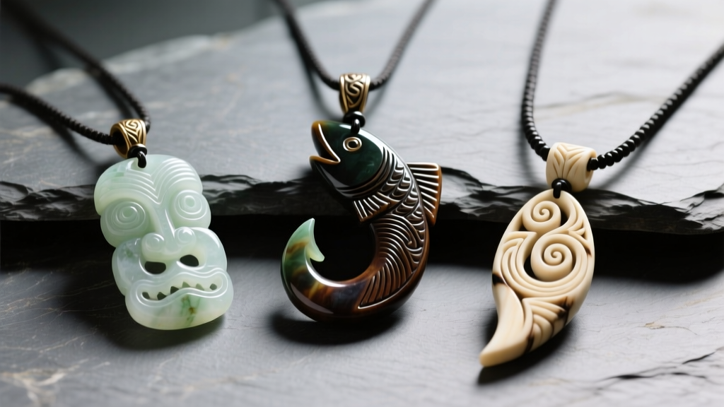 Three Maori pendants on slate: pale Inanga jade Hei Tiki, dark Kawakawa jade fish hook, and carved bone Pikorua twist necklace.