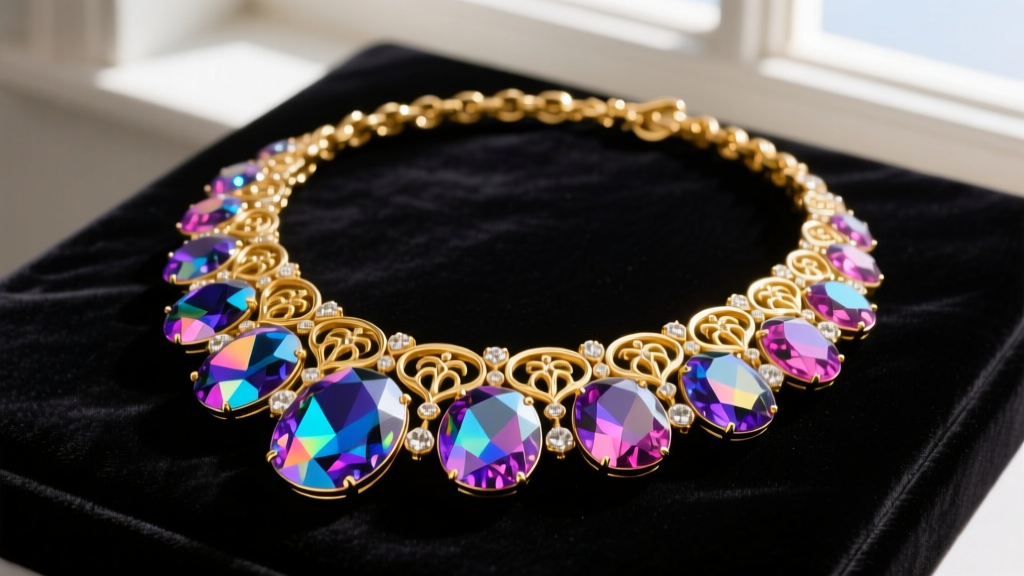 Bold gold-plated vintage Nolan Miller necklace with large faceted aurora borealis rhinestones resting on dark velvet display