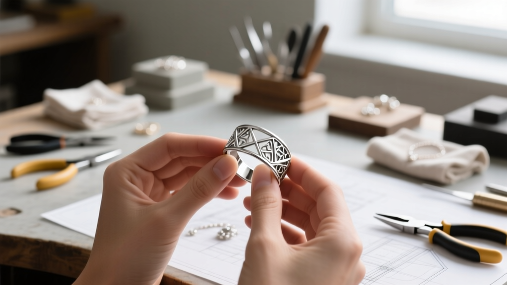 Hands gently squeezing a sterling silver ear wrap to adjust tension, with a blurred jewelry workbench in the background.