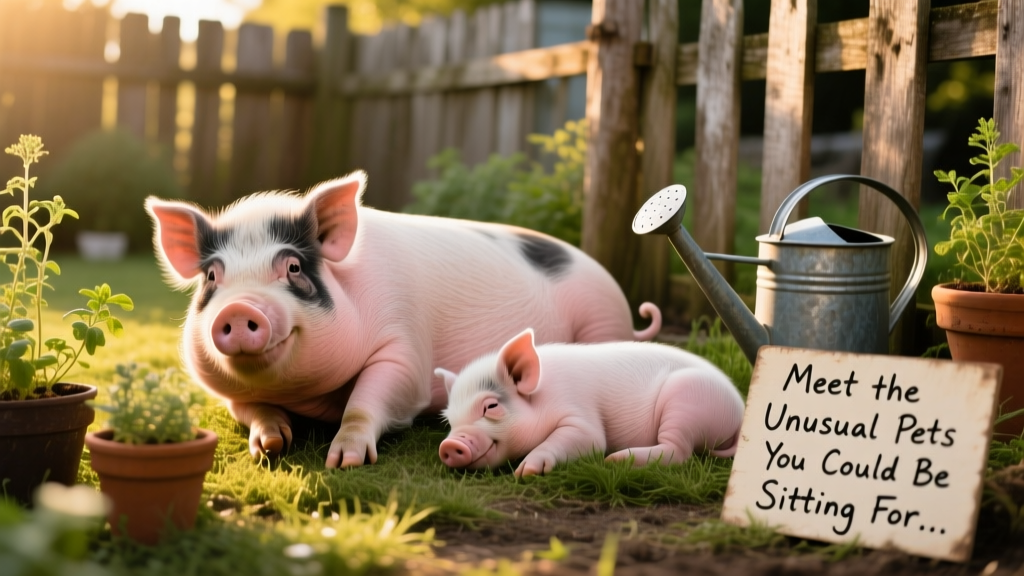 Two friendly pot-bellied pigs relaxing in a sunlit backyard
