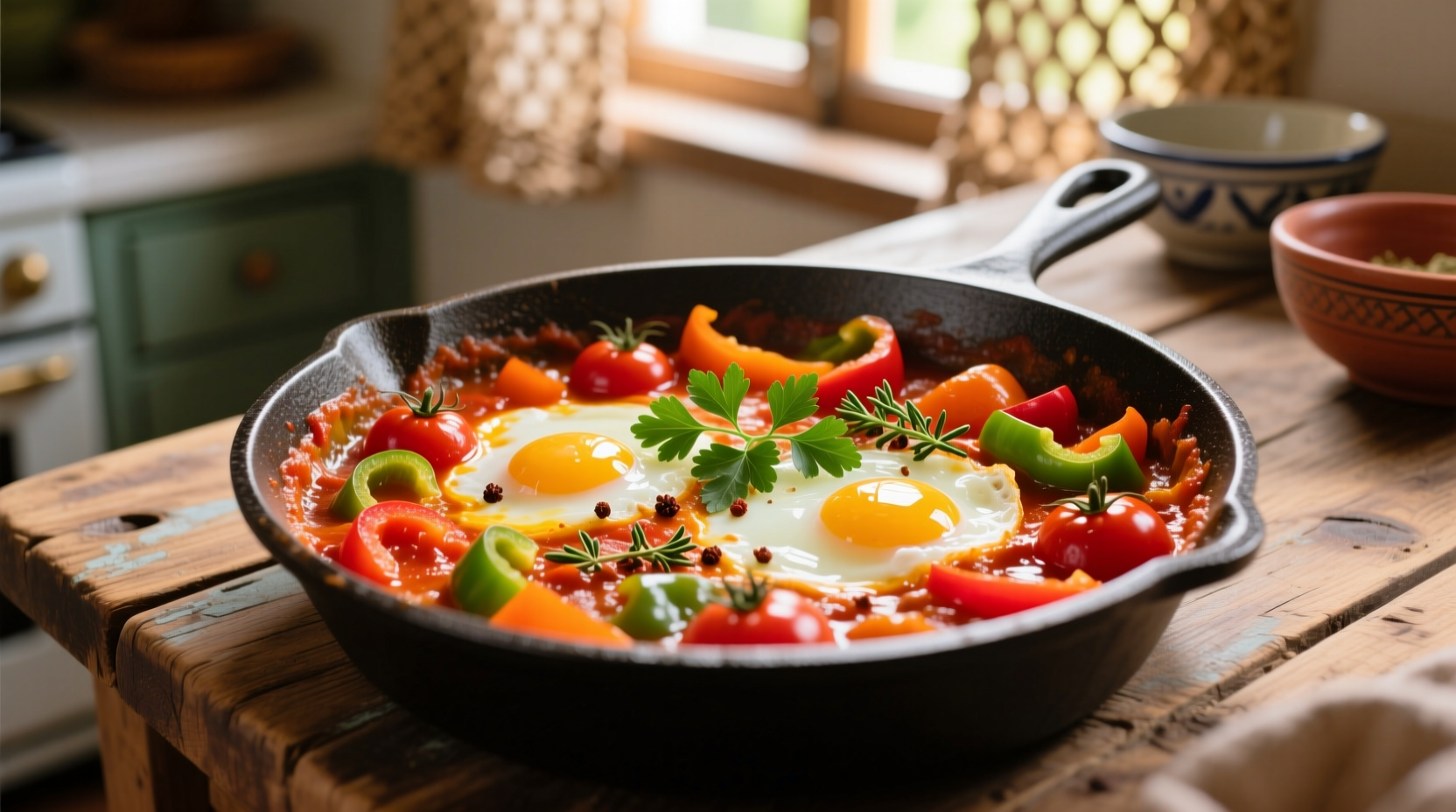 Colorful shakshuka in cast iron skillet with runny eggs