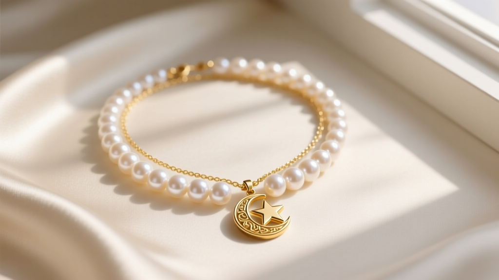 Flat lay of a 14k gold moon and star necklace layered with a pearl choker on cream silk under soft natural window lighting.