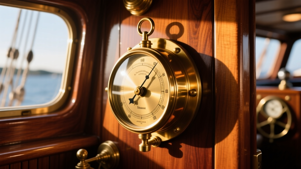 A polished brass analog barometer mounted on the mahogany bulkhead of a classic sailboat cabin, reflecting warm afternoon sunlight.