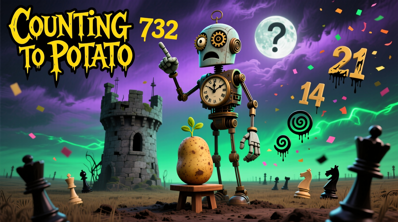 Illustration showing absurd counting sequence ending with potato