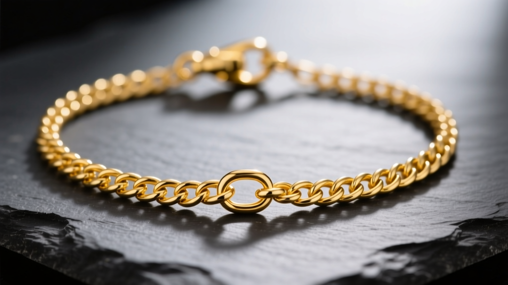 Macro shot of a 1mm 14k yellow gold cable chain necklace on dark slate, highlighting tiny soldered links and a small lobster clasp