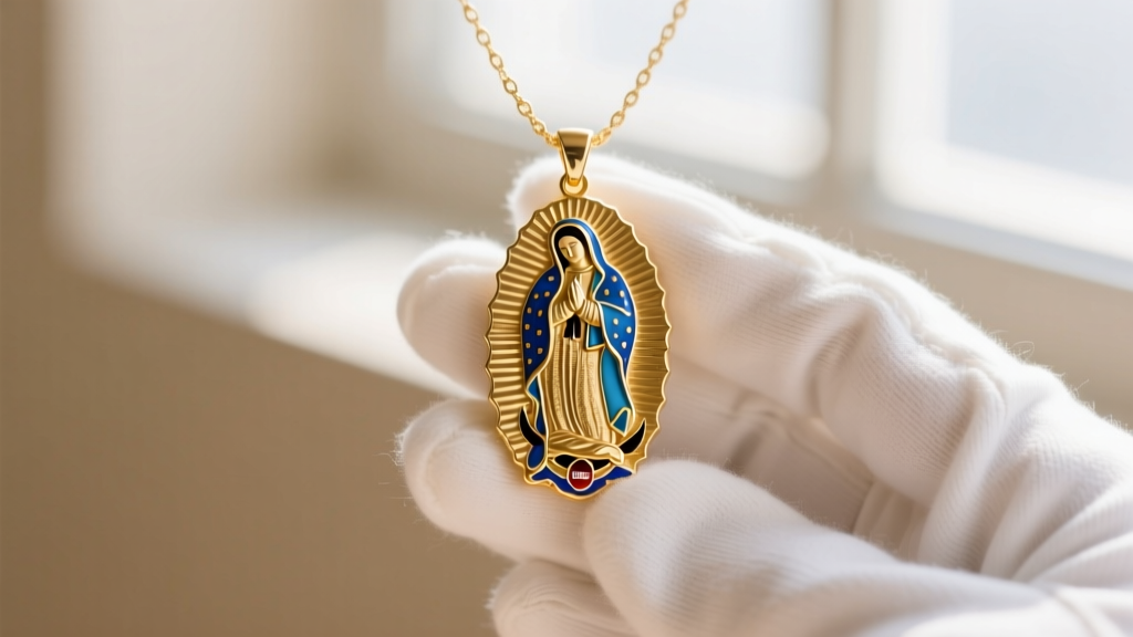 Macro view of a gold Our Lady of Guadalupe pendant showing blue enamel details, held gently by white cotton gloves