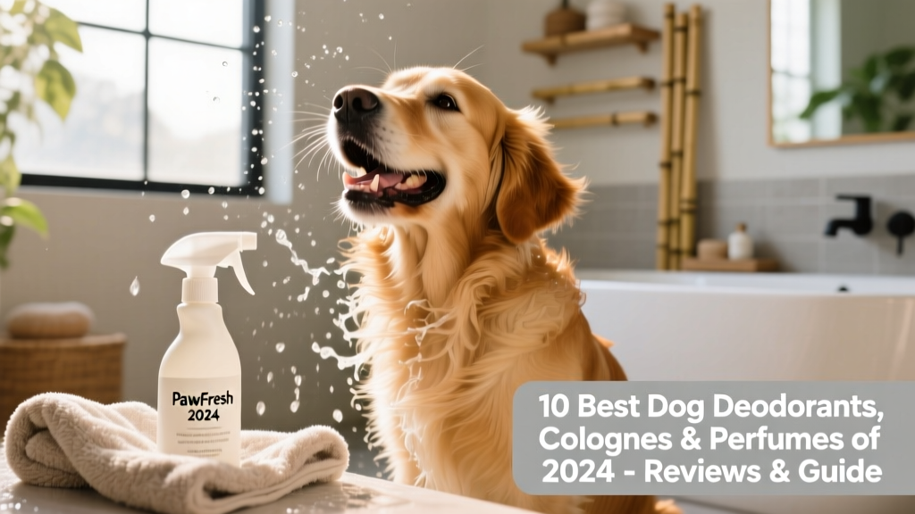 A happy, clean dog shaking off water after a bath, with a spray bottle and grooming towel nearby