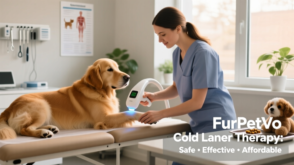 Veterinarian gently applying a FurPetVo cold laser device to a dog's hind leg during a clinic session