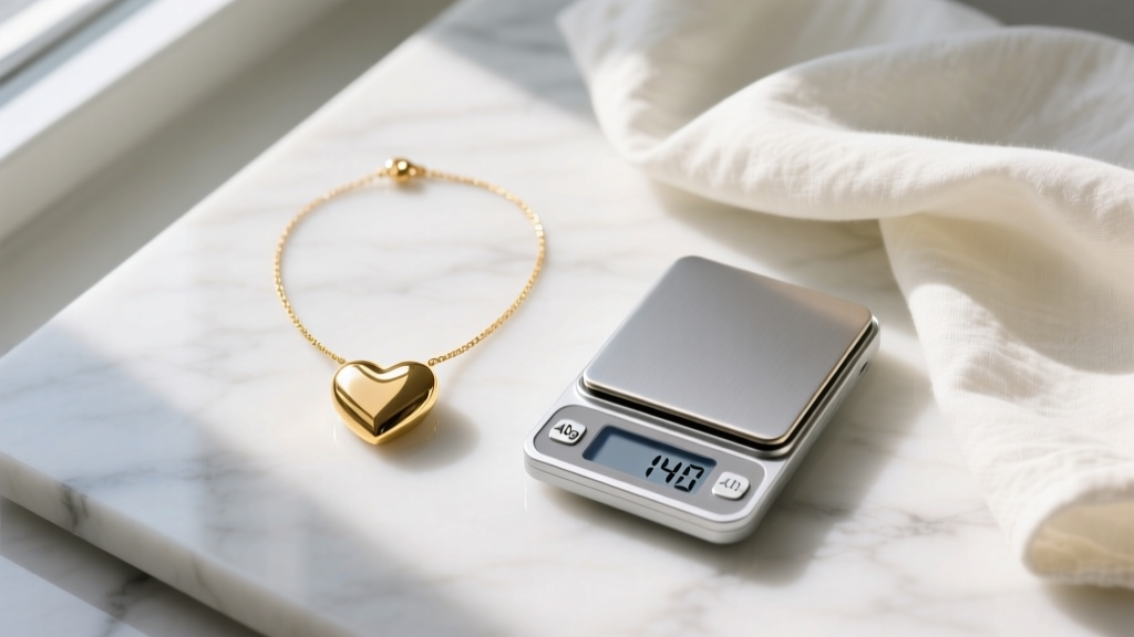 Flat lay of a 40g solid 14k gold heart necklace next to a digital jewelry scale and cloth on white marble, top-down view.