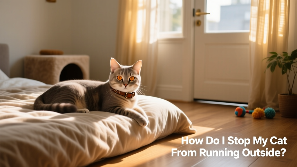 Cat calmly resting on a plush bed near a sunny window, away from the front door