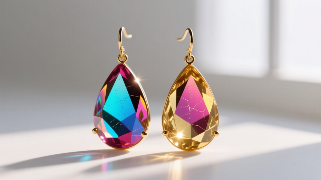 Close-up of dichroic glass holographic drop earrings catching warm sunlight, revealing vibrant shifts of cyan, magenta, and gold.