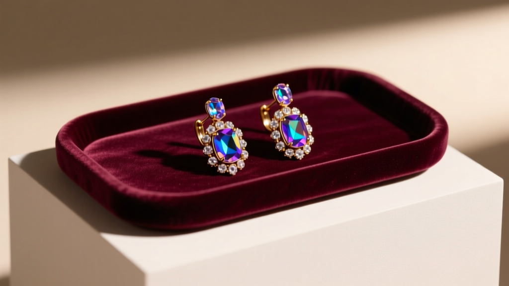 Velvet tray holding vintage Sherman clip-on earrings with aurora borealis crystals and rhinestones under warm gallery lighting.