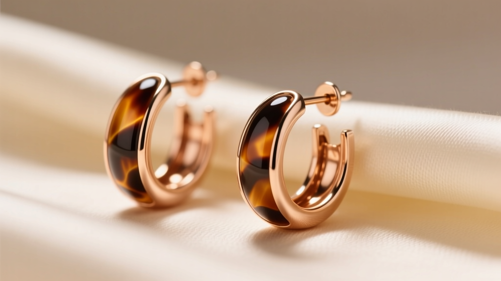 Macro shot of 14k rose gold huggie earrings with tortoiseshell acetate inlay resting on cream silk fabric in warm studio lighting