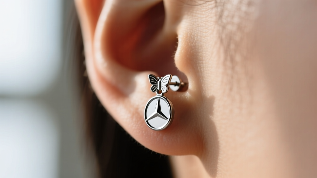 Side profile of a 20-gauge surgical steel Mercedes earring post with a secure butterfly backing against a softly blurred earlobe.